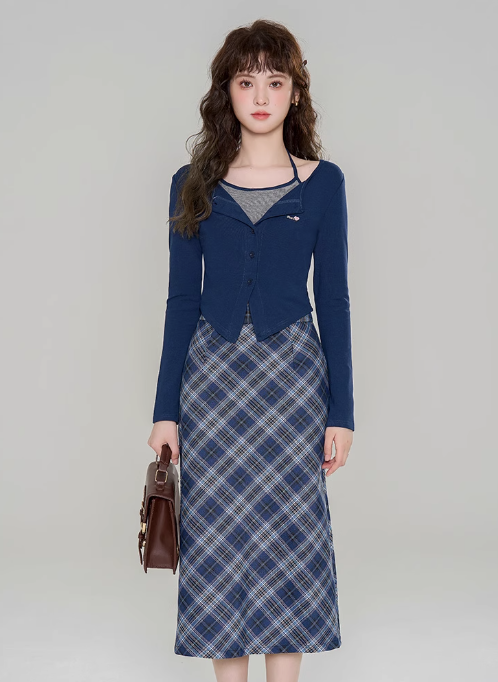 American retro college style new knitted sweater top skirt two-piece suit R2390