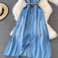 Light mature style sleeveless denim dress new French retro waist slimming A-line shirt long skirt R0407