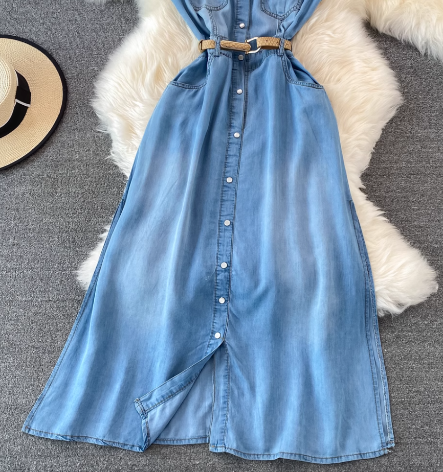 Light mature style sleeveless denim dress new French retro waist slimming A-line shirt long skirt R0407