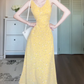 V-neck sleeveless yellow floral dress 2025 new waist long skirt R0804