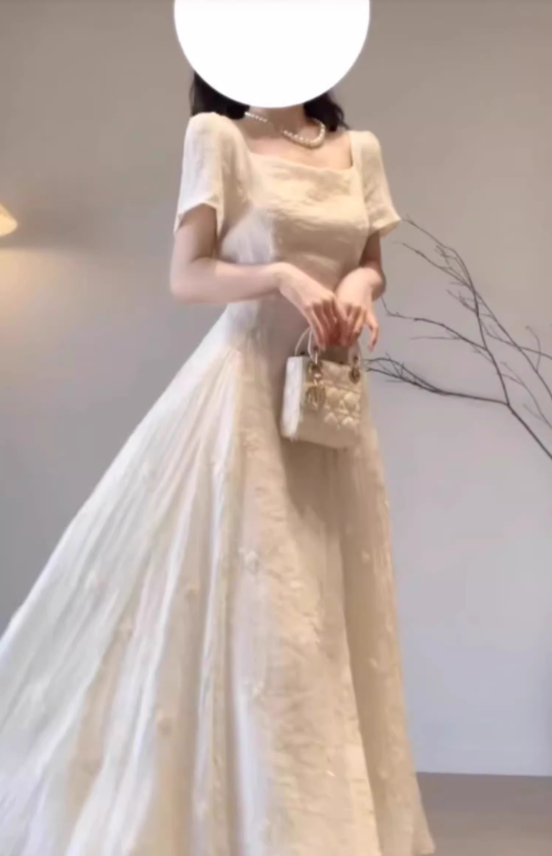 Platycodon French first love dress high-grade gentle temperament unique beautiful waist A-line long skirt R0452