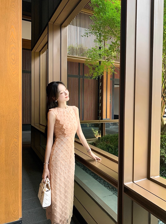 Retro Heavy Khaki Sleeveless Three-Dimensional Decorative Dress for Women R4257