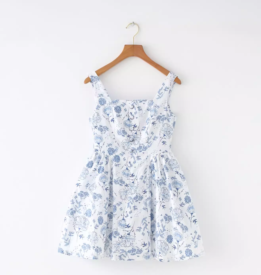 New antique style blue and white porcelain floral pattern niche slimming waist cinching suspender dress new R2878