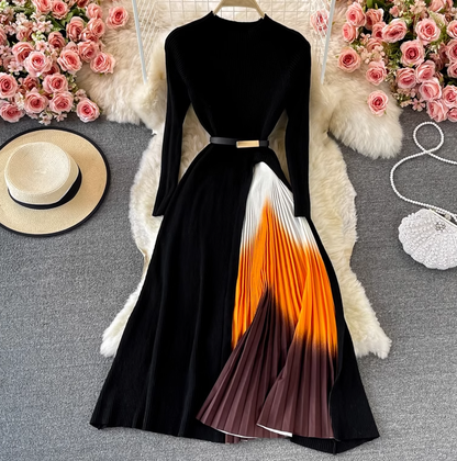 Temperament black long-sleeved fake two-piece knitted pleated dress 2025 elegant long skirt R0366