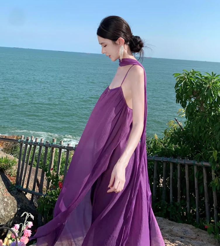 Purple beach dress backless dress loose chiffon suspender long dress seaside holiday dress R1595