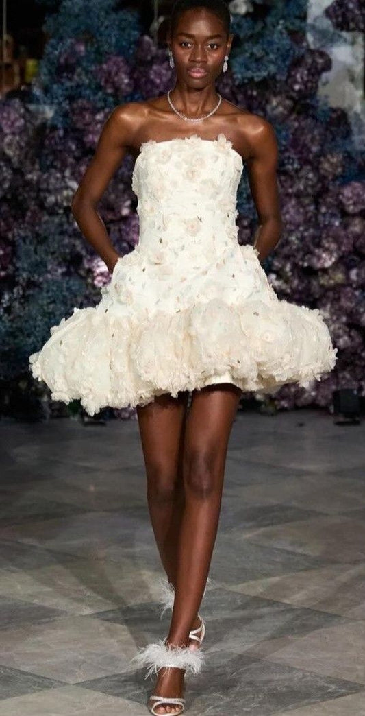 White tube top slim waist irregular skirt puffy short skirt homecoming dress R3785