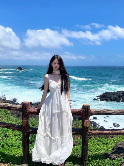 French style white suspender dress seaside holiday atmosphere long dress R0242