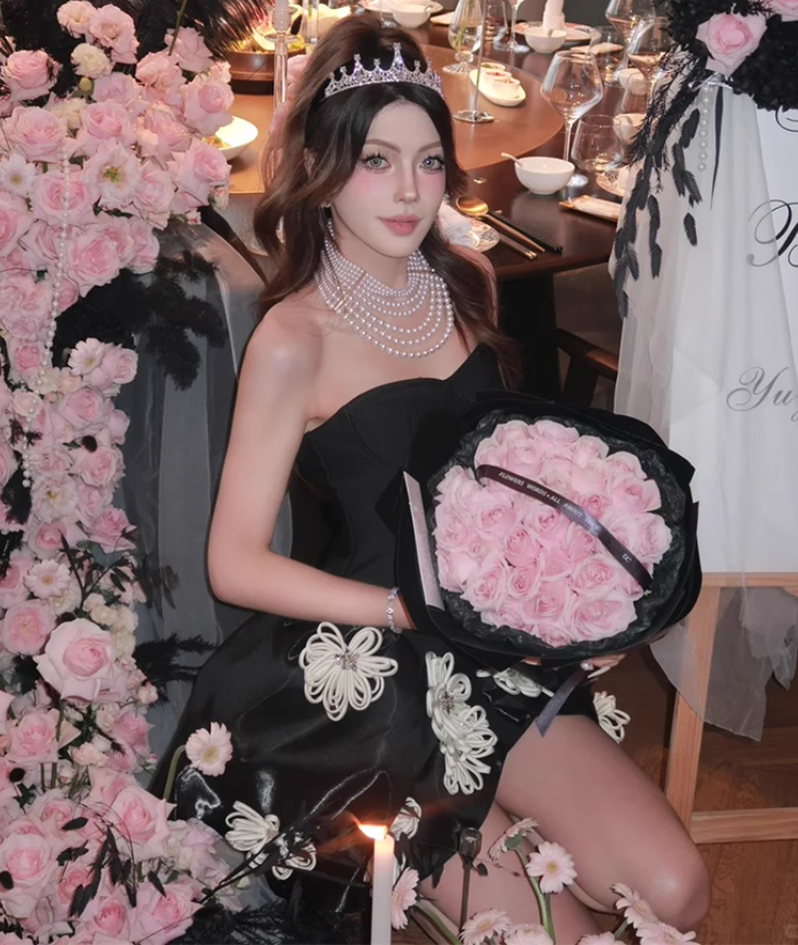 Birthday party dress high-end niche princess tutu black tube top dress R1788