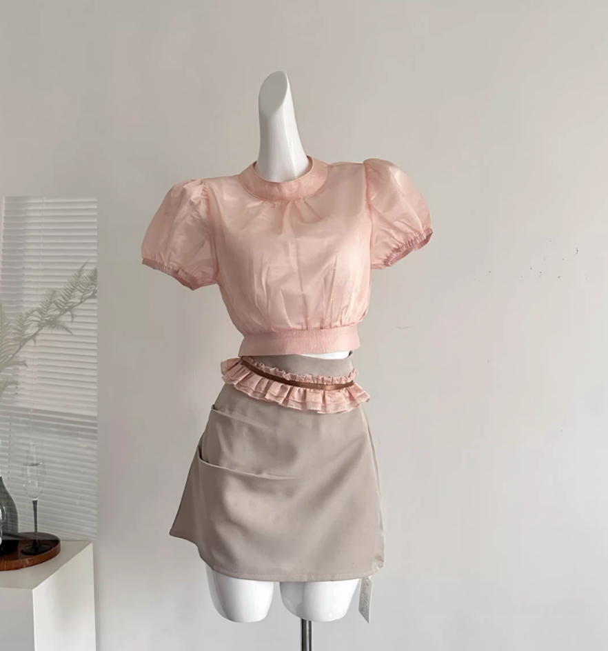 Lantern Sleeve Top Satin Orchid Tulle Asymmetric Skirt R2035