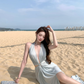 Blue V-neck hollow sleeveless halter dress waist banquet dress R0562