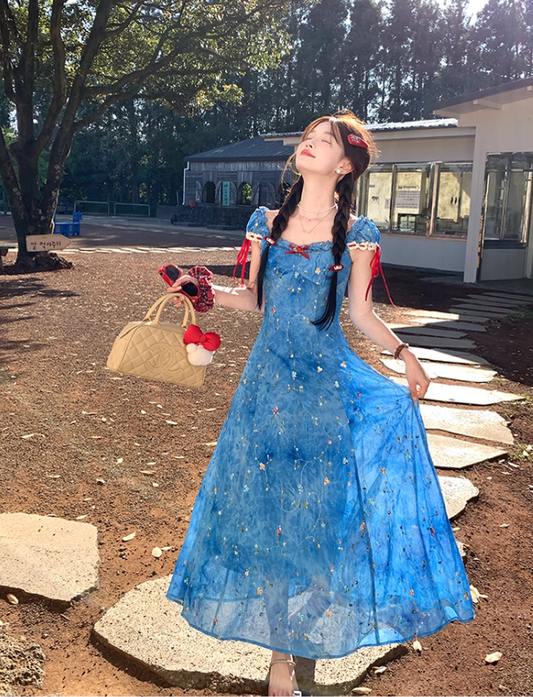 Blue tie-dye printed embroidered suspender dress summer French temperament skirt R4781