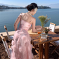 Pink flower suspender dress gentle temperament beautiful dress R0800