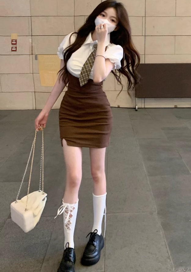 American college style retro hip skirt suit 2025 large size pure white shirt suit R1408