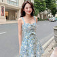 Blue fresh daisy floral suspenders waist slim short skirt homecoming dress R3258