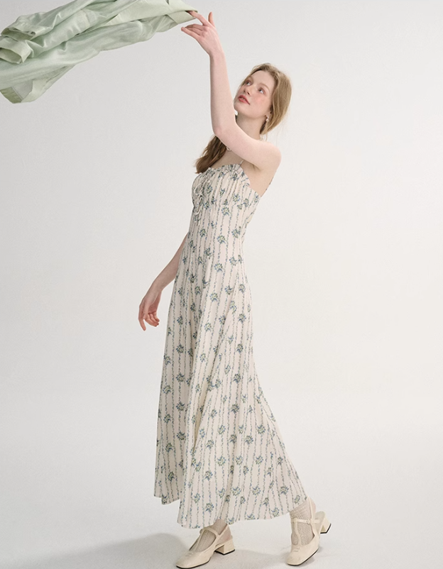 French floral suspender dress tea break small fresh sleeveless long dress R2691