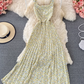 2025 new French floral dress sweet fairy suspender long skirt holiday knee-length pleated dress R0376