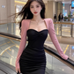 Contrast color square neck long sleeve dress new hot girl sexy waist slimming hip short skirt R3384