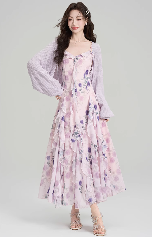 French holiday style dress summer ruffled floral suspender skirt with cardigan suit R2365