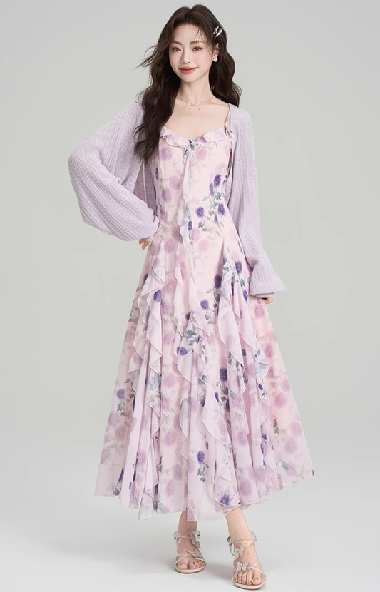 French holiday style dress summer ruffled floral suspender skirt with cardigan suit R2365