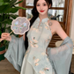 Fairy New Chinese Retro Temperament Splicing Printed Long Skirt Sleeveless Halter Neck Dress R1711