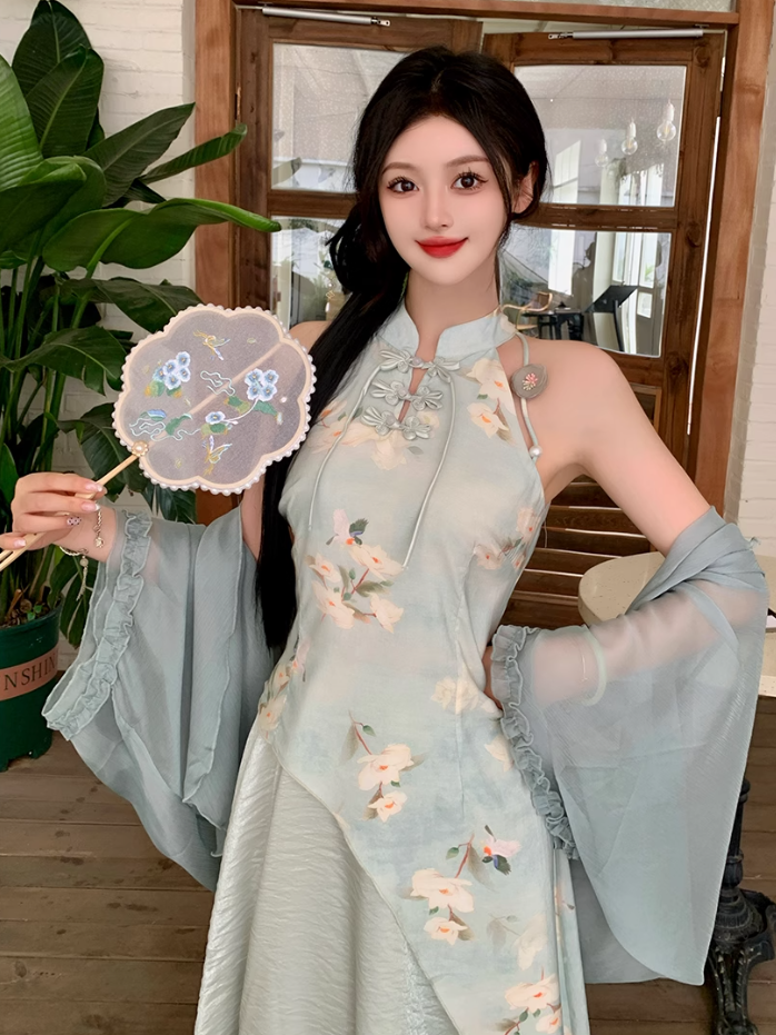 Fairy New Chinese Retro Temperament Splicing Printed Long Skirt Sleeveless Halter Neck Dress R1711