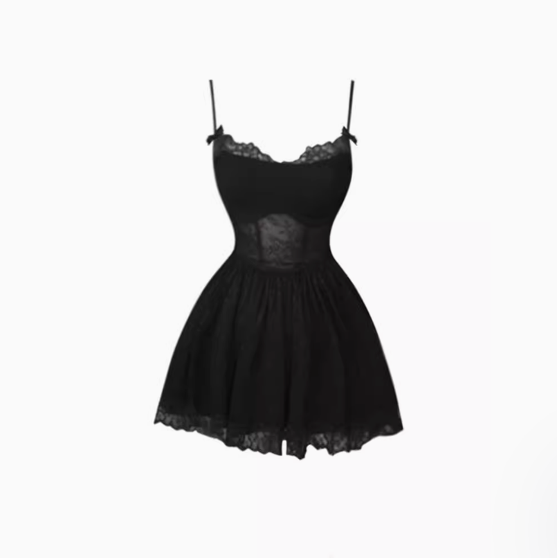 Sexy hot girl lace suspender dress female 2025 pure desire bottoming a-line short skirt R1058
