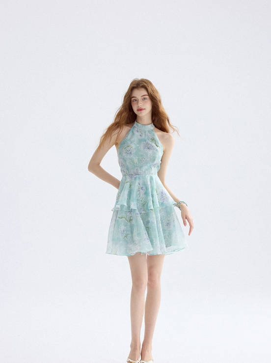 Floral dress halter neck suspender skirt short skirt vacation wear skirt women summer R3453