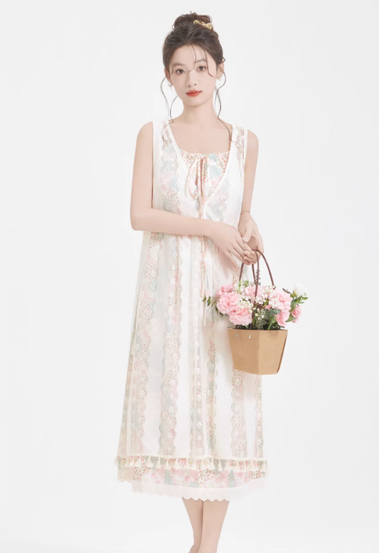 Forest style pastoral style floral dress new style suspender skirt blouse suit two-piece set R2394