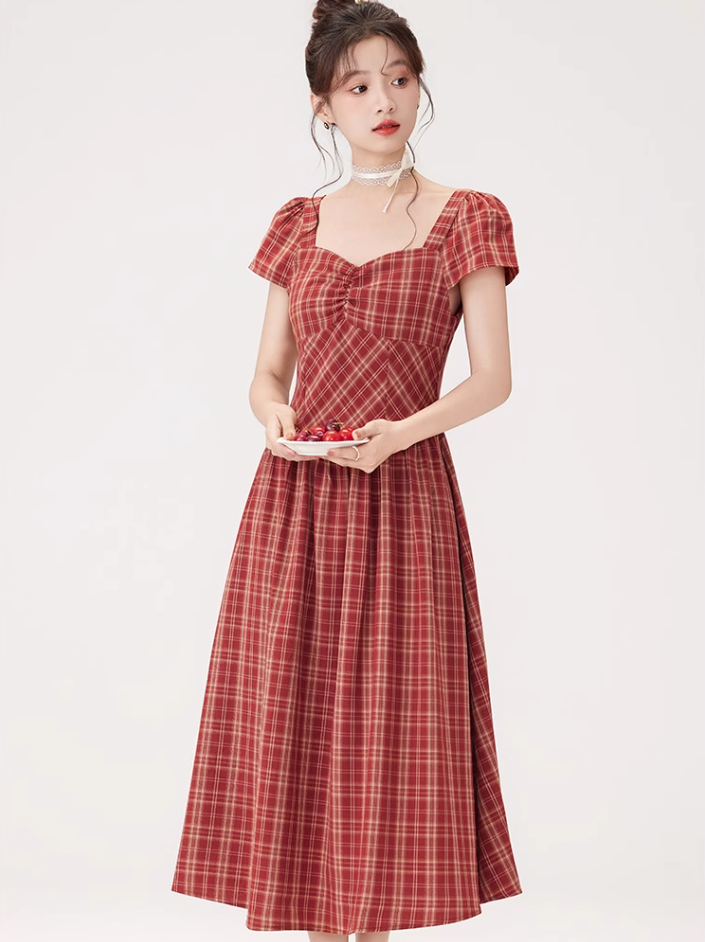 French retro square collar plaid dress new style waist slim long skirt temperament high-end R2372