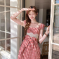 Pink mid-length square collar plaid waist suspender dress women's summer A-line skirt R4903