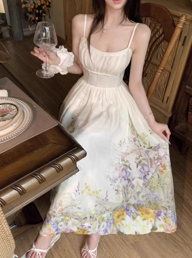 Platycodon temperament floral suspender skirt super beautiful waist dress R0701