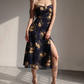 French retro orange floral suspender dress with slim waist and side slit long skirt R2815