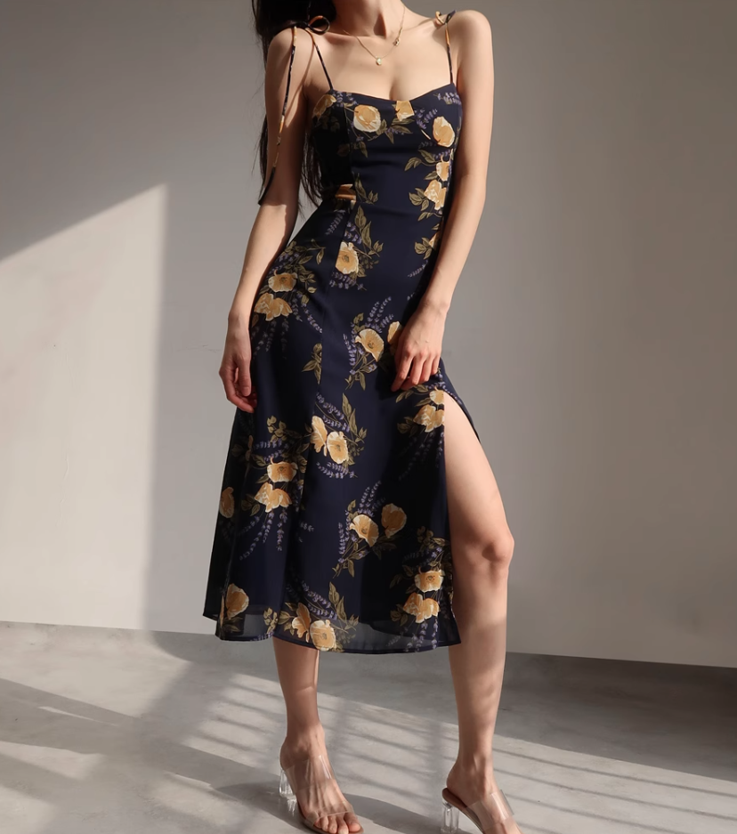 French retro orange floral suspender dress with slim waist and side slit long skirt R2815