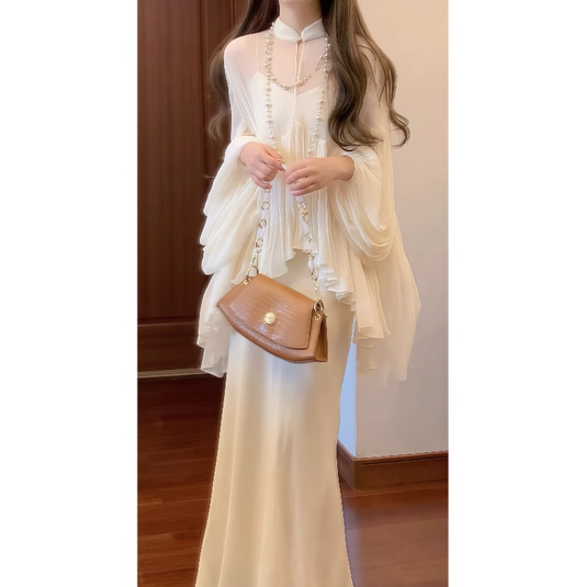 Cool and relaxed suspender dress stand collar top generous and decent two-piece skirt suit R0411