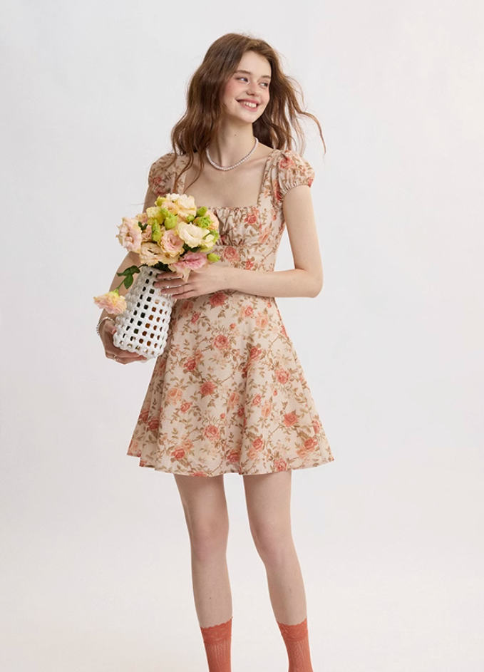 French retro style suspender skirt floral skirt dress high-end short skirt small skirt female summer R3486
