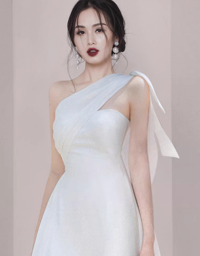 French style white one-shoulder short evening dress banquet slim dress dress homecoming dress R2979