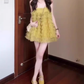 Yellow mesh suspender dress niche gentle temperament A-line puffy short skirt R0779