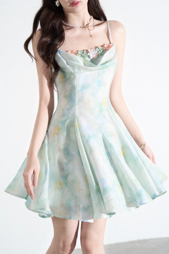 Three-dimensional flower suspender dress beautiful summer ruffled large swing A-line skirt R4109