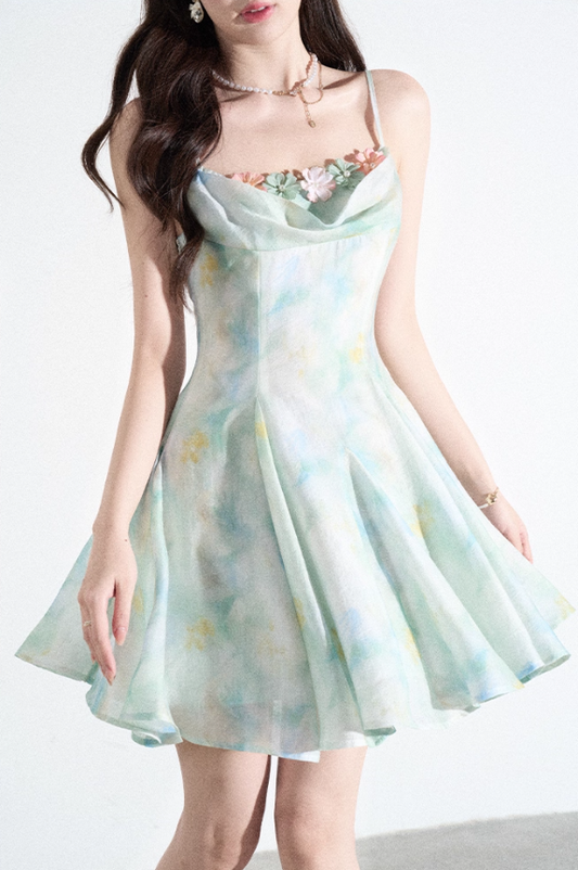 Three-dimensional flower suspender dress beautiful summer ruffled large swing A-line skirt R4109