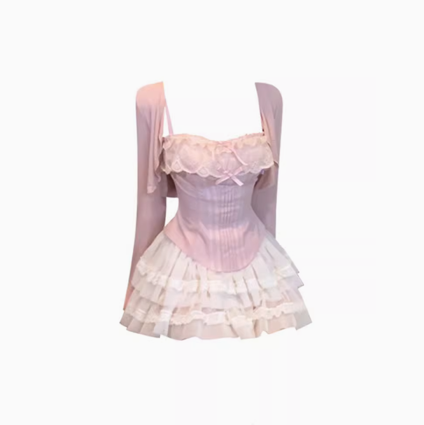 Pure desire design lace suspender top 2025 sweet and spicy a-line skirt suit R1316