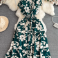 High-end, light luxury temperament flying sleeves V-neck waist slimming A-line ruffled printed dress R0353