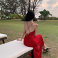 Beach photo shoot red sexy ruffled high slit halter back dress R1583