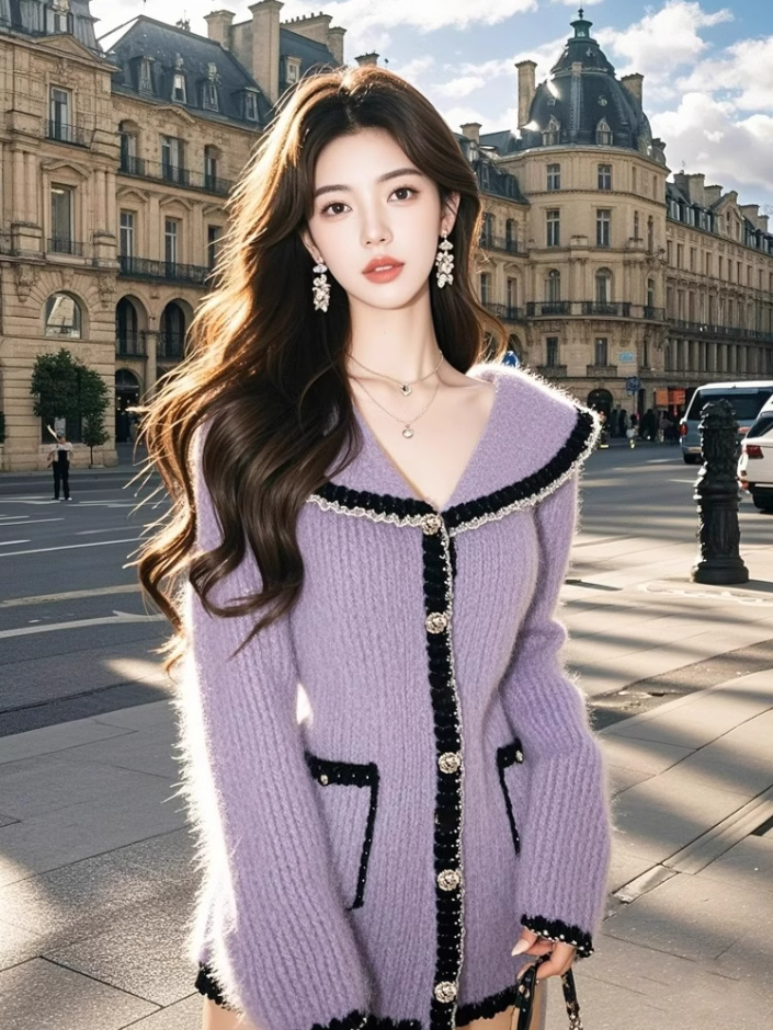 2025 elegant lady knitted sweater cardigan with fur lapel R1322