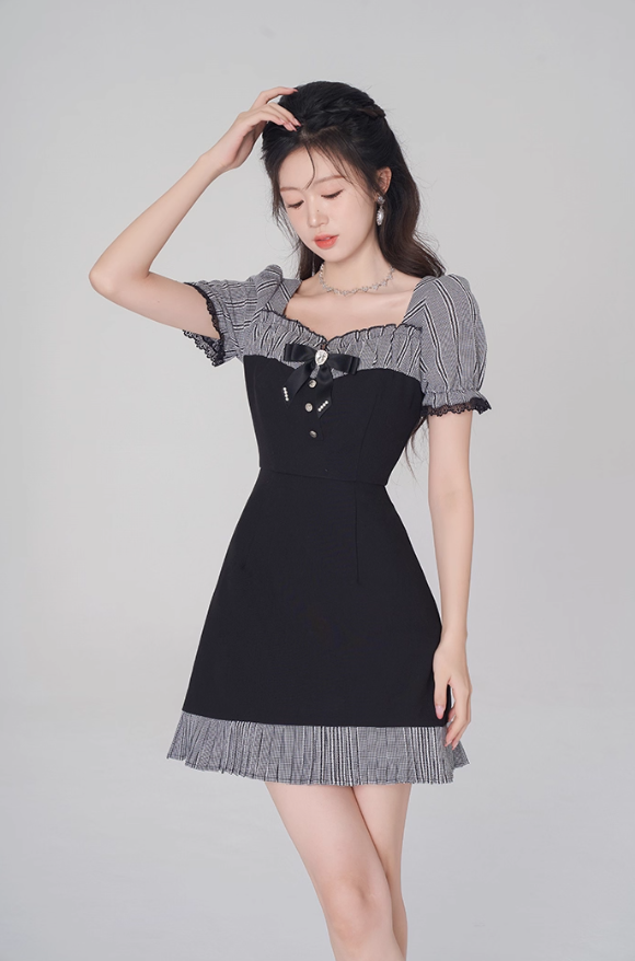 Women's summer square neck high waist straight skirt summer fungus plaid short skirt R4500