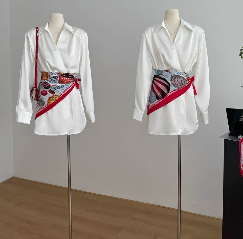 Rose feel textured acetate shirt dress short skirt niche v-neck white dress R2095