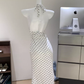 French dress halter neck polka dot white female island vacation travel seaside sexy skirt R0285