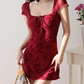 French pure desire style red printed shoulder-length skirt sexy waist slimming dress R2810