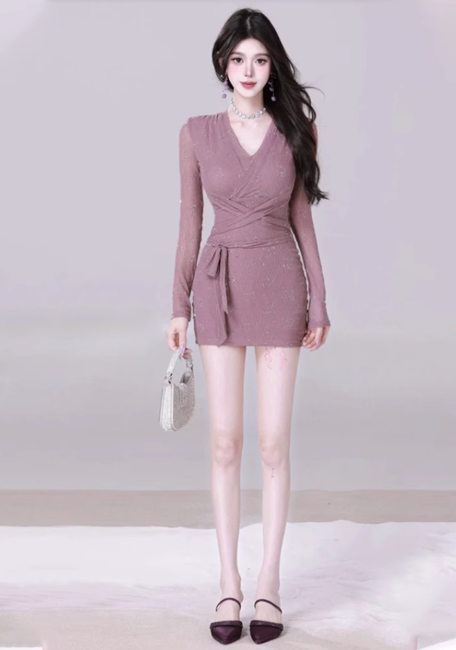 Pure desire hot girl long sleeve V-neck lace dress 2025 lace waist hip skirt R1165