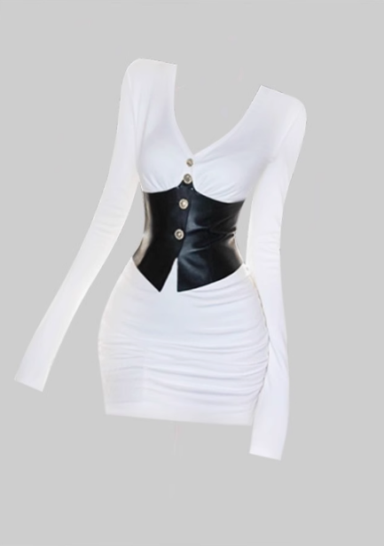 Royal sister style V-neck contrast color long-sleeved dress 2025 waist hip short skirt R1398