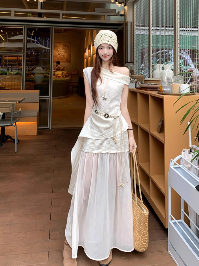 Fairy temperament high-end irregular off-shoulder sleeveless top skirt suit two-piece suit R1756